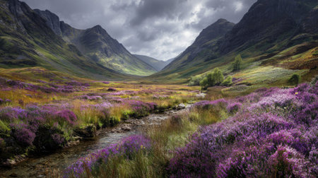 A photograph of Scottish highlands 53 with highland valley basin, purple heather fields, fresh highland spring, ultra realistic landscape photography, wide angle lens, natural colors, clean composition, no peopleの写真素材