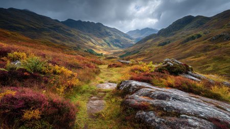 A photograph of Scottish highlands with highland glen and winding path, scottish moss covered rocks,...
