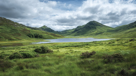 A photograph of Scottish highlands 439 with highland moorland hills, lochside vegetation, green highland summer, ultra realistic landscape photography, wide angle lens, natural colors, clean composition, no peopleの写真素材