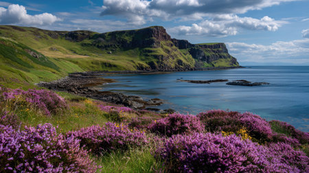 A photograph of Scottish highlands 490 with highland coastal cliffs, heather covered hillsides,...