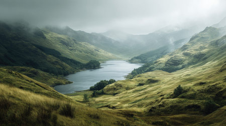 A photograph of Scottish highlands 39 with highland loch surrounded by hills, mist drifting through...