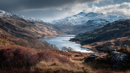 A photograph of Scottish highlands 46 with highland loch surrounded by hills, wild berry shrubs,...