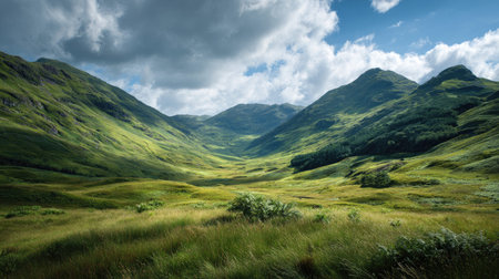A photograph of Scottish highlands 479 with highland moorland hills, wild highland meadow plants,...