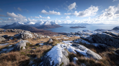 A photograph of Scottish highlands 476 with highland landscape with distant islands, scottish moss covered rocks, snowy highland winter, ultra realistic landscape photography, wide angle lens, natural colors, clean composition, no peopleの写真素材
