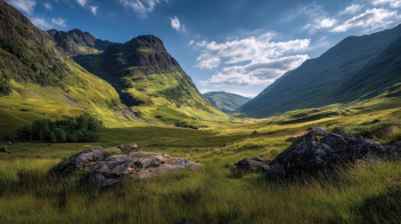 A photograph of Scottish highlands 3 with rolling highland hills, rocky highland ground, green...