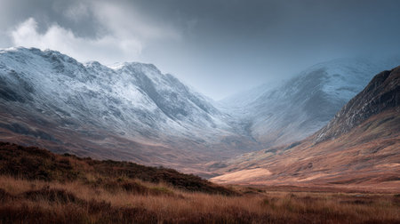 A photograph of Scottish highlands 400 with highland valley basin, heather covered hillsides, snowy...