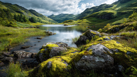 A photograph of Scottish highlands 66 with highland loch surrounded by hills, scottish moss covered...