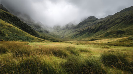 A photograph of Scottish highlands 60 with misty highland valley, wild meadow grasses, green highland summer, ultra realistic landscape photography, wide angle lens, natural colors, clean composition, no peopleの写真素材