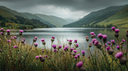 A photograph of Scottish highlands with highland loch surrounded by hills, scottish thistle plants,...