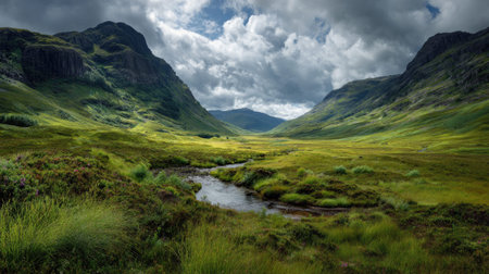 A photograph of Scottish highlands 55 with scottish glen valley, highland bog vegetation, green...