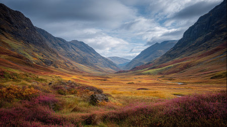 A photograph of Scottish highlands 209 with remote highland valley, wild berry shrubs, colorful highland autumn, ultra realistic landscape photography, wide angle lens, natural colors, clean composition, no peopleの写真素材