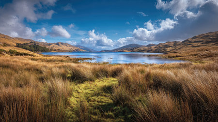 A photograph of Scottish highlands 243 with highland loch bay, highland grasses, fresh highland...
