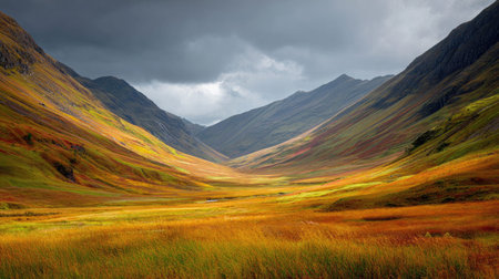 A photograph of Scottish highlands 229 with highland valley basin, wind shaped grasses, colorful...
