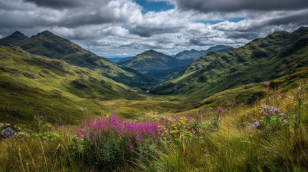 A photograph of Scottish highlands 129 with highland landscape with distant islands, wild highland...