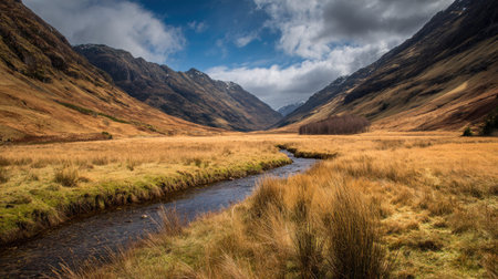 A photograph of Scottish highlands 285 with scottish glen valley, highland grasses, fresh highland...