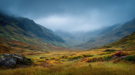 A photograph of Scottish highlands 165 with misty highland valley, highland bog vegetation, colorful...