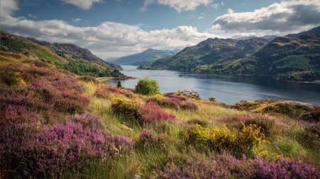 A photograph of Scottish highlands 384 with highland hillside overlooking loch, wild highland...