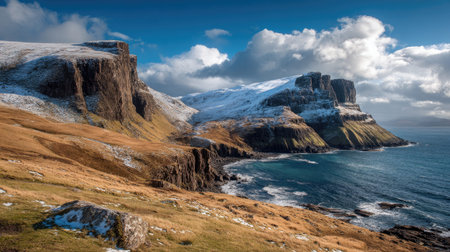 A photograph of Scottish highlands 337 with highland coastal cliffs, highland peat soil, snowy highland winter, ultra realistic landscape photography, wide angle lens, natural colors, clean composition, no peopleの写真素材