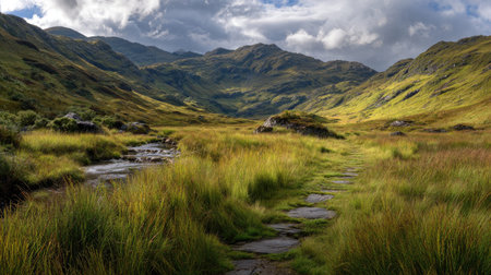 A photograph of Scottish highlands 454 with highland glen with winding path, wild meadow grasses,...