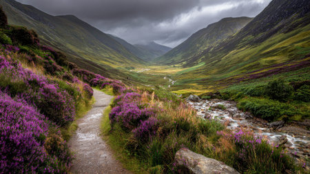 A photograph of Scottish highlands 402 with highland glen with winding path, heather covered hillsides, fresh highland spring, ultra realistic landscape photography, wide angle lens, natural colors, clean composition, no peopleの写真素材