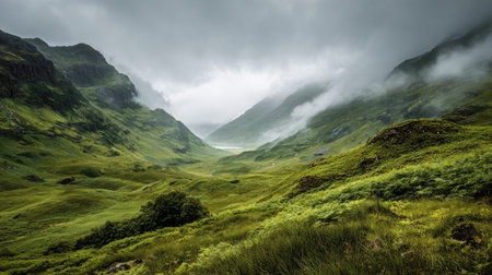 A photograph of Scottish highlands with highland hillside overlooking loch, mist drifting through...