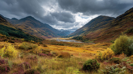 A photograph of Scottish highlands with highland valley viewpoint, lochside vegetation, colorful...
