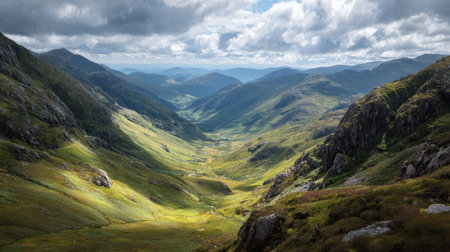 A photograph of Scottish highlands 370 with highland valley viewpoint, rocky hill slopes, green highland summer, ultra realistic landscape photography, wide angle lens, natural colors, clean composition, no peopleの写真素材