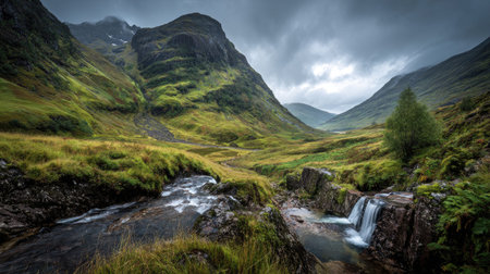 A photograph of Scottish highlands 61 with highland coastal cliffs, small highland waterfalls, fresh...