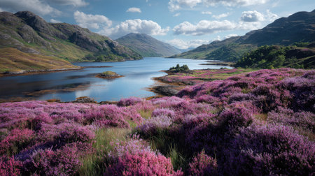 A photograph of Scottish highlands with highland loch bay, purple heather fields, fresh highland spring, ultra realistic landscape photography, wide angle lens, natural colors, clean composition, no peopleの写真素材
