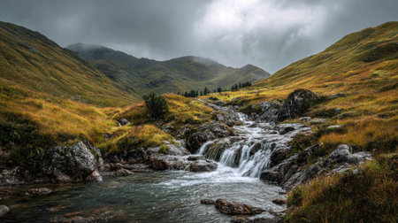 A photograph of Scottish highlands 48 with rolling highland hills, small highland waterfalls,...