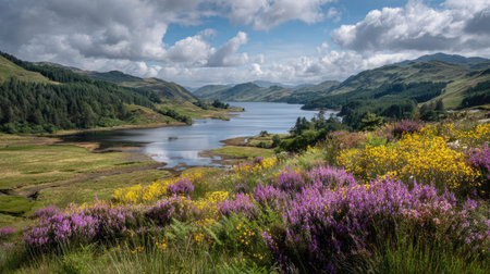 A photograph of Scottish highlands 63 with highland loch surrounded by hills, scottish thistle plants, fresh highland spring, ultra realistic landscape photography, wide angle lens, natural colors, clean composition, no peopleの写真素材