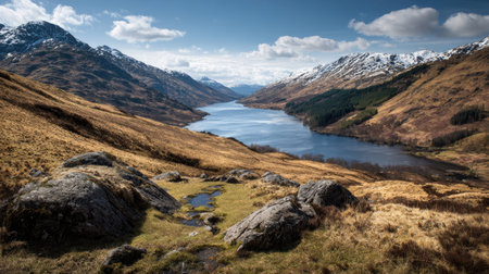 A photograph of Scottish highlands 500 with highland hillside overlooking loch, rocky highland...