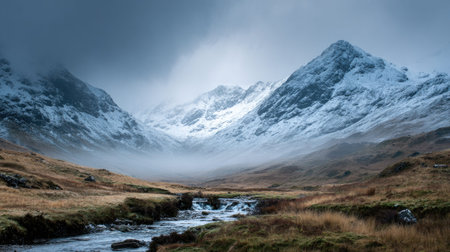 A photograph of Scottish highlands with highland hills above misty valley, small highland waterfalls, snowy highland winter, ultra realistic landscape photography, wide angle lens, natural colors, clean composition, no peopleの写真素材