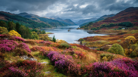 A photograph of Scottish highlands 464 with highland hillside overlooking loch, heather covered...
