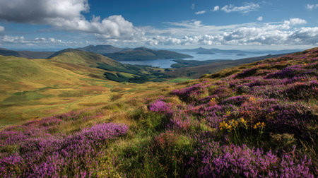 A photograph of Scottish highlands 430 with highland landscape with distant islands, heather covered...