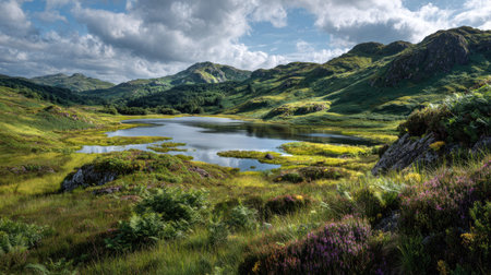 A photograph of Scottish highlands 406 with highland hillside overlooking loch, highland bog...