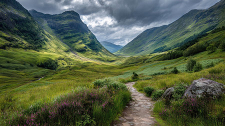 A photograph of Scottish highlands 429 with highland glen with winding path, wild berry shrubs,...