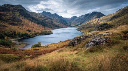 A photograph of Scottish highlands 310 with highland loch bay, rocky hill slopes, colorful highland...