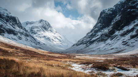 A photograph of Scottish highlands 497 with remote highland valley, weathered mountain rocks, snowy...