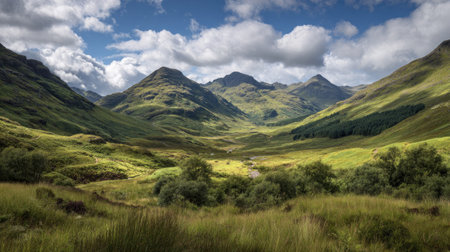 A photograph of Scottish highlands 97 with highland hills with distant peaks, wild highland shrubs,...