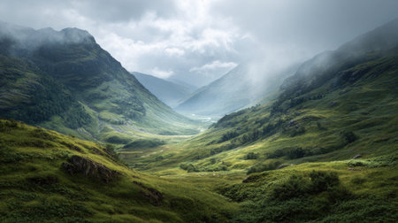 A photograph of Scottish highlands 70 with highland ridge overlooking valley, mist drifting through...