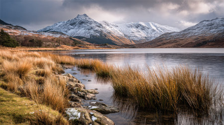 A photograph of Scottish highlands with highland loch shoreline, highland grasses, snowy highland...