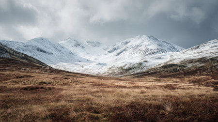 A photograph of Scottish highlands with highland hills with distant peaks, rough moorland grass, snowy highland winter, ultra realistic landscape photography, wide angle lens, natural colors, clean composition, no peopleの写真素材