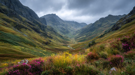 A photograph of Scottish highlands 281 with rugged highland ridge line, highland wildflowers,...