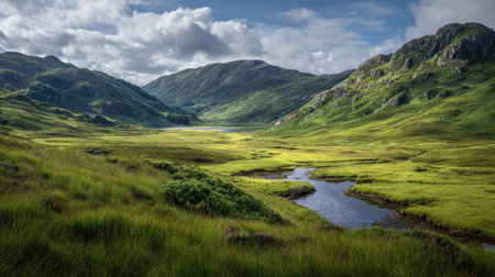 A photograph of Scottish highlands 458 with highland moorland landscape, lochside vegetation, green...