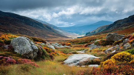 A photograph of Scottish highlands with highland glen with distant mountains, rocky hill slopes,...
