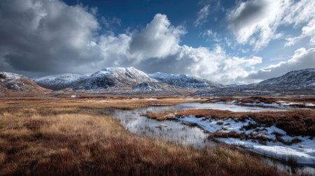 A photograph of Scottish highlands 171 with highland valley with scattered lochs, peat bog pools,...
