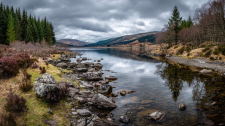 A photograph of Scottish highlands with highland loch shoreline, lochside vegetation, fresh highland...