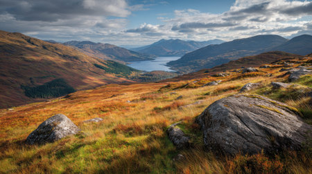 A photograph of Scottish highlands 10 with highland hillside overlooking loch, rocky highland...