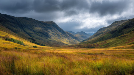 A photograph of Scottish highlands 11 with highland plateau landscape, wild meadow grasses, colorful...